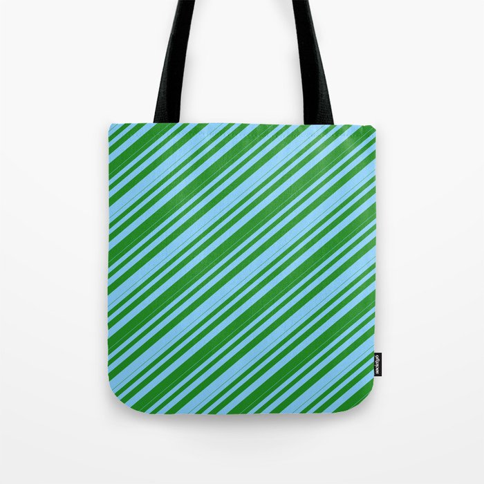 Light Sky Blue and Forest Green Colored Lines/Stripes Pattern Tote Bag
