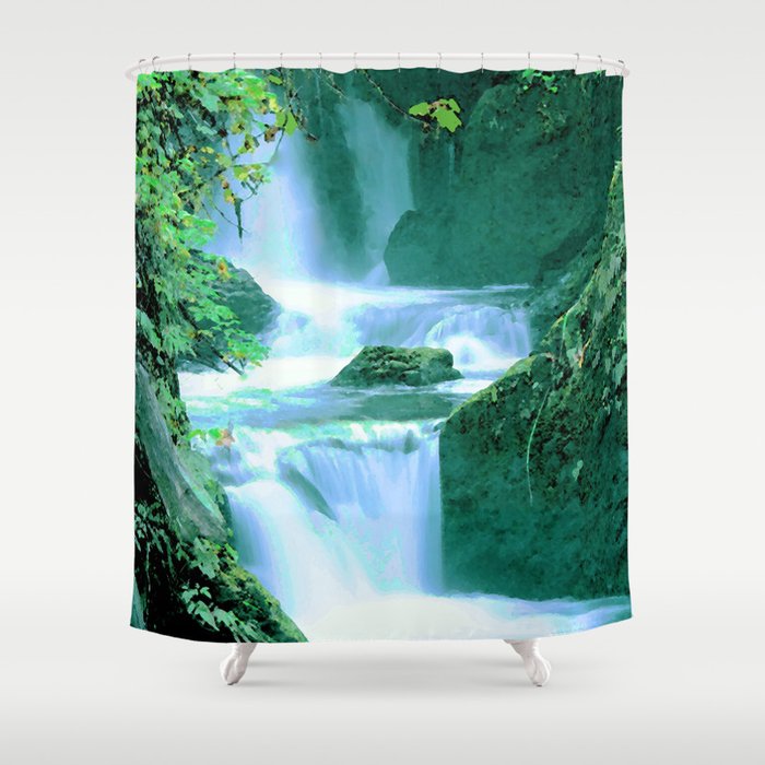 Serene Waterfall in Blue and Green Shower Curtain