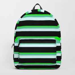 [ Thumbnail: Lime, Aquamarine, Light Cyan, and Black Colored Striped Pattern Backpack ]