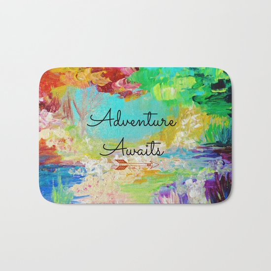 ADVENTURE AWAITS Wanderlust Typography Explore Summer Nature Rainbow Abstract Fine Art Painting Bath Mat
