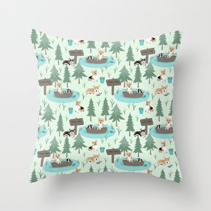 Majesty Pembroke - Happy Corgis Are Fishing In Forest Lake Throw Pillow