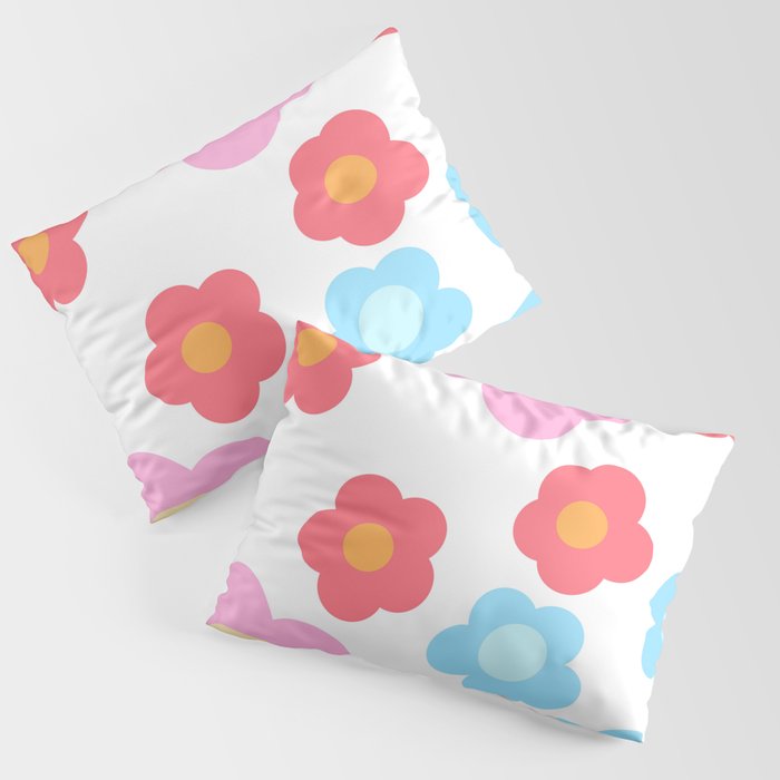 Simple Red Pink Blue Flowers on White Pillow Sham