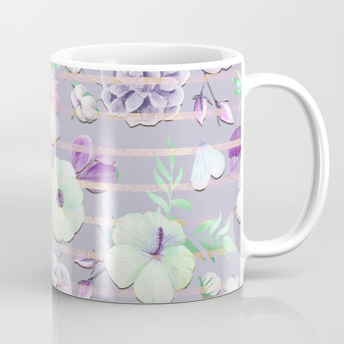 Blush Lavender Purple Teal Rose Gold Stripes Floral Coffee Mug