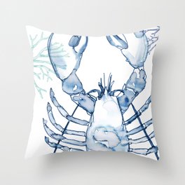 Coastal Lobster, Watercolor in Blues Throw Pillow