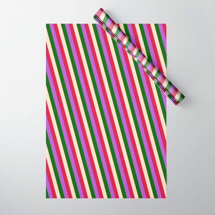 Bisque, Crimson, Orchid & Dark Green Colored Pattern of Stripes Wrapping Paper
