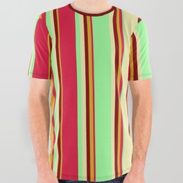 [ Thumbnail: Colorful Goldenrod, Maroon, Pale Goldenrod, Green, and Crimson Colored Lined Pattern All Over Graphic Tee ]