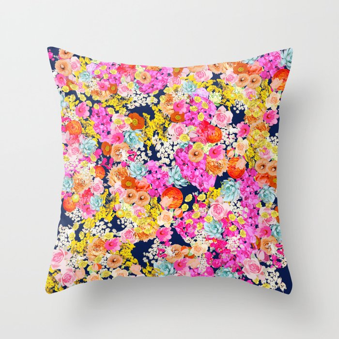 Bright Summer Vintage Inspired Floral Print on Navy  Throw Pillow