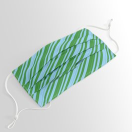 [ Thumbnail: Light Sky Blue and Forest Green Colored Lines/Stripes Pattern Face Mask ]