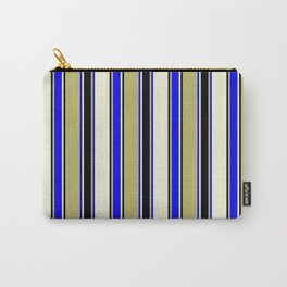 [ Thumbnail: Dark Khaki, Blue, Beige, and Black Colored Stripes/Lines Pattern Carry-All Pouch ]