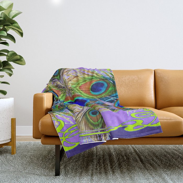 NOUVEAU BLUE-GREEN PEACOCK FEATHERS ON LILAC Throw Blanket
