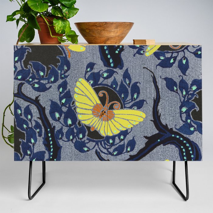 Butterfly pochoir pattern in Art Nouveau oriental style Credenza