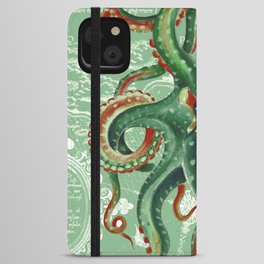 Octopus Tentacles Green Vintage Map Nautical Beach Marine iPhone Wallet Case