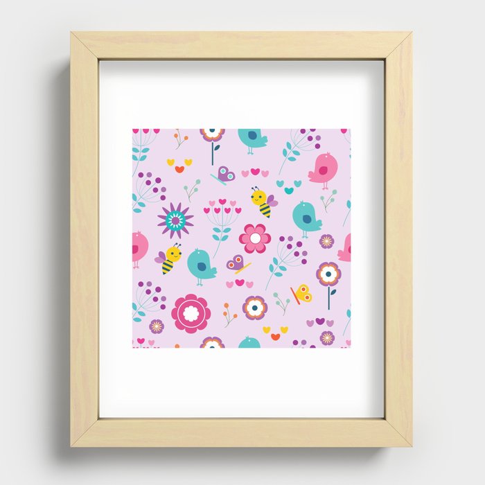 Flowers with Bees Birds and Butterflies Recessed Framed Print