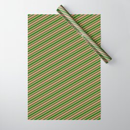 [ Thumbnail: Green and Light Coral Colored Stripes Pattern Wrapping Paper ]