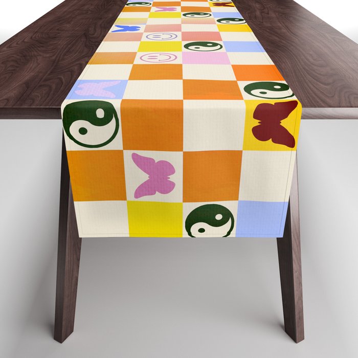 Y2k Butterfly Yin Yang Smiley Rainbow Gradient Checker Table Runner