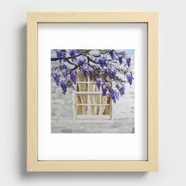 rustic country style white brick wall window purple wisteria flower Recessed Framed Print