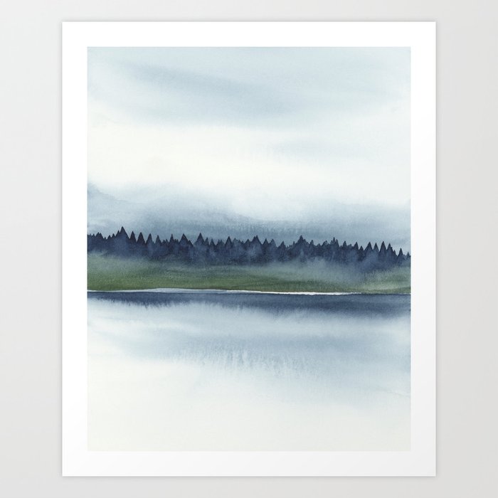 Indigo Forest I - Navy Blue Forest, Sage Green Trees, Nature Lake Watercolor, Abstract Painting Art Wall Décor Art Print