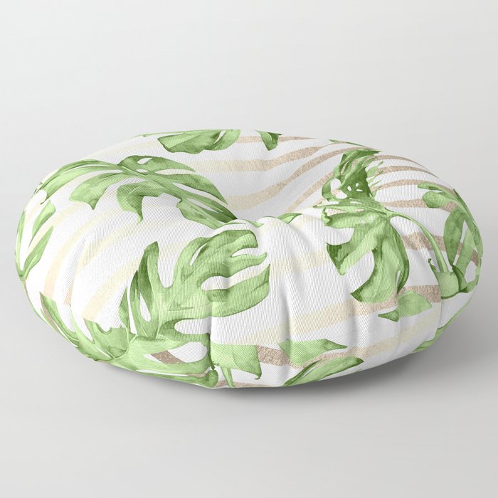 Simply Tropical White Gold Sands Stripes and Palm Leaves Floor Pillow