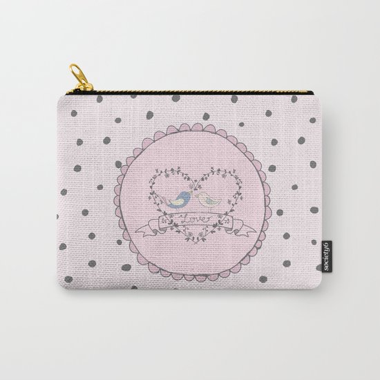 Birds Love- Typography and grey dots on pink backround Carry-All Pouch