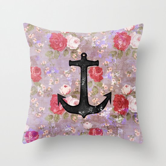 Vintage Nautical Anchor Purple Pink Floral Pattern Throw Pillow