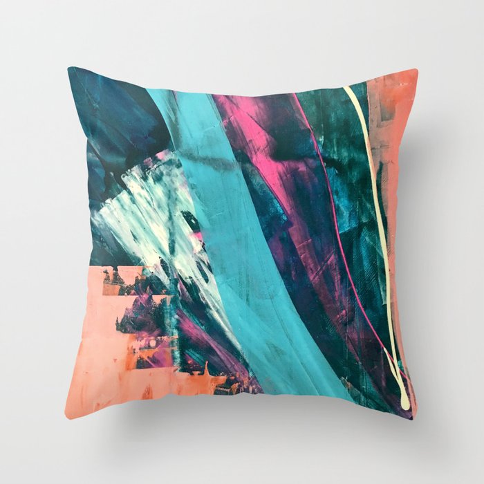 Wild [7]: a bold, colorful abstract mixed-media piece in teal, orange, neon blue, pink and white Throw Pillow