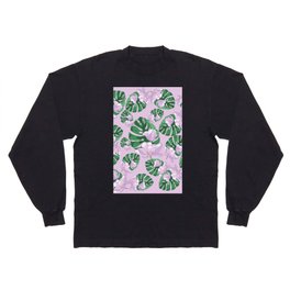 Botanical Pattern With Tropical Monstera  Leaves and Purple Flowers Long Sleeve T-shirt
