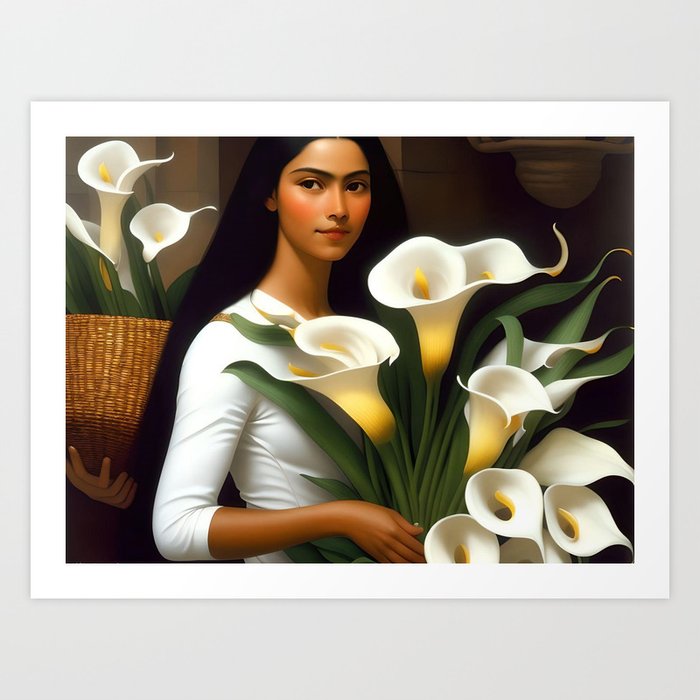 Mexican flower seller with bouquet of orchid white calla lilies still life portrait painting Art Print