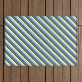 [ Thumbnail: Colorful Light Blue, Purple, Dim Grey, Forest Green, and Light Yellow Colored Lined Pattern Outdoor Rug ]