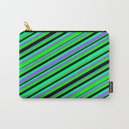 [ Thumbnail: Green, Medium Slate Blue, Lime & Black Colored Stripes/Lines Pattern Carry-All Pouch ]