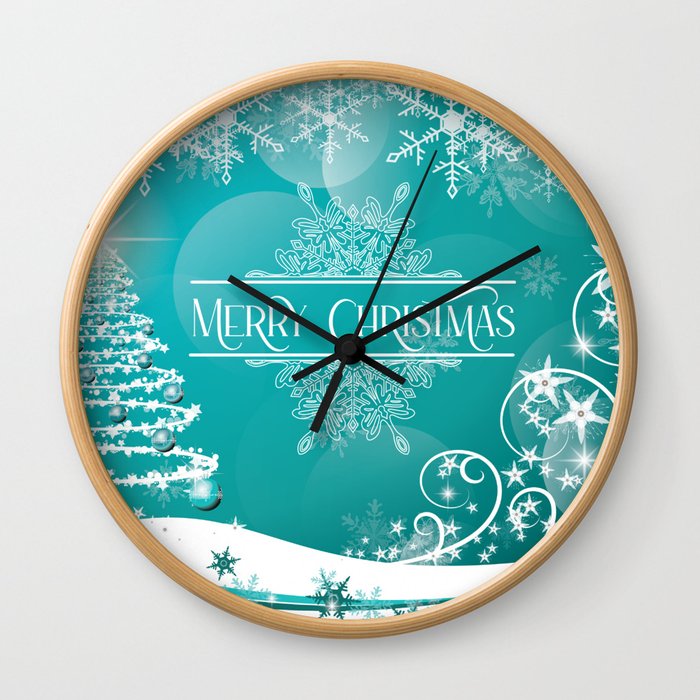 Merry Christmas, Christmas Tree, Snowflakes, Flowers and Stars on Aqua  Wall Clock
