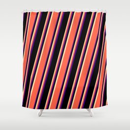 [ Thumbnail: Tan, Red, Indigo, and Black Colored Striped/Lined Pattern Shower Curtain ]