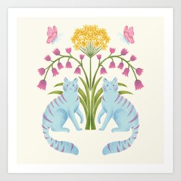 Fantastic Blue Cats & Flowers Art Print