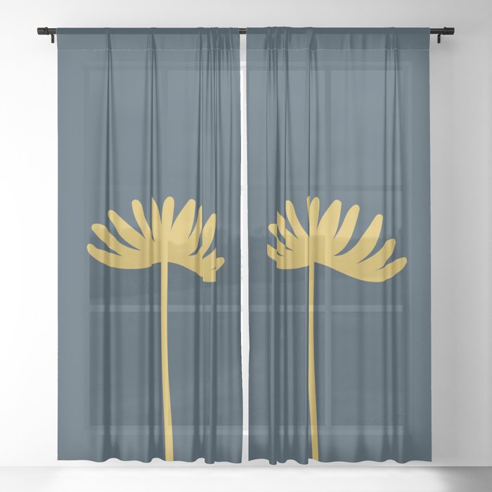 Tall Flower - Minimalist Floral in Light Mustard and Navy Blue Sheer Curtain
