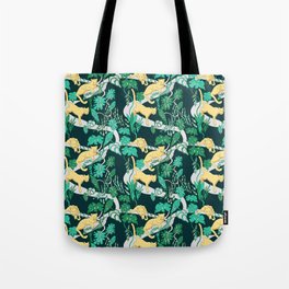 Wild cats with tropical Monstera  plants / green and gold Tote Bag