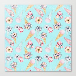 Pink & Teal Summer Fun Flower Ice Cream Cone - Pattern Canvas Print