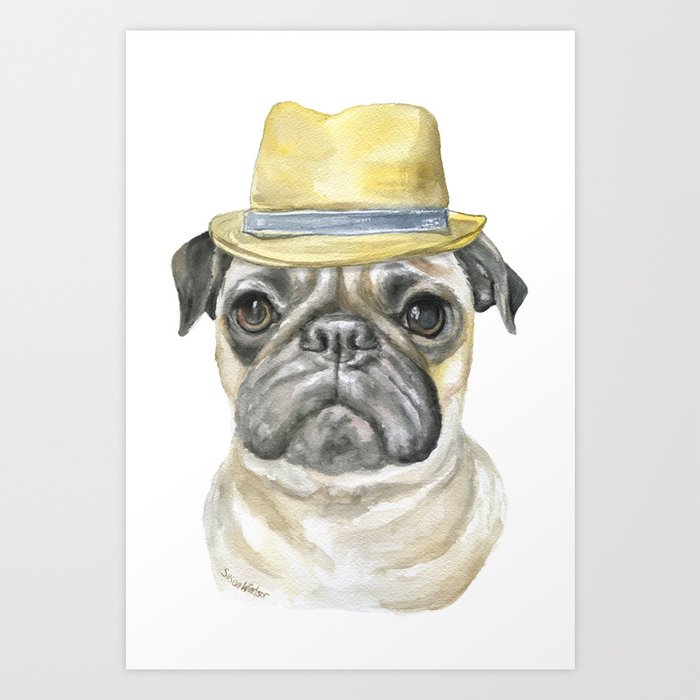 Pug with Fedora Hat Watercolor Art Print