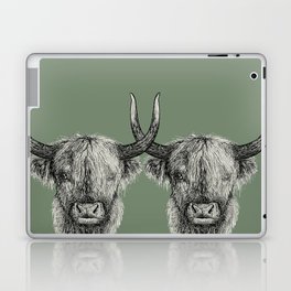 Scottish Highland Cows, pen and ink illustration, grassy green Laptop & iPad Skin