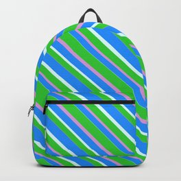 [ Thumbnail: Lime Green, Plum, Blue & Light Cyan Colored Pattern of Stripes Backpack ]