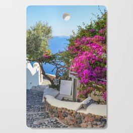 Santorini, Greece, Pink Flowers, Ocean View Cutting Board