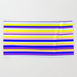 [ Thumbnail: Eyecatching Pink, Blue, Purple, Light Cyan & Yellow Colored Striped Pattern Beach Towel ]