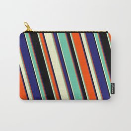 [ Thumbnail: Red, Aquamarine, Light Yellow, Black & Midnight Blue Colored Lines/Stripes Pattern Carry-All Pouch ]