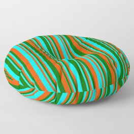 [ Thumbnail: Red, Cyan, and Dark Green Colored Lined/Striped Pattern Floor Pillow ]