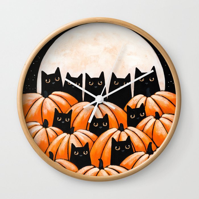 Black Cats in the Pumpkin Patch Wall Clock