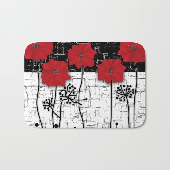Applique Poppies on black and white background . Bath Mat