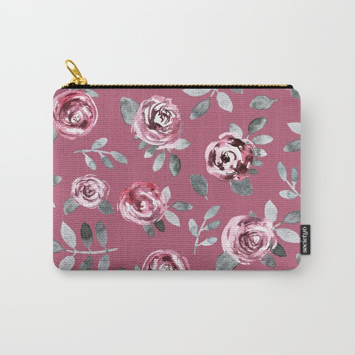 Modern hand painted pink gray watercolor roses Carry-All Pouch