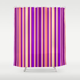 [ Thumbnail: Tan, Dark Violet, Purple, and Salmon Colored Striped Pattern Shower Curtain ]