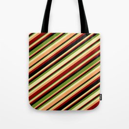 [ Thumbnail: Colorful Green, Pale Goldenrod, Brown, Dark Red & Black Colored Stripes Pattern Tote Bag ]