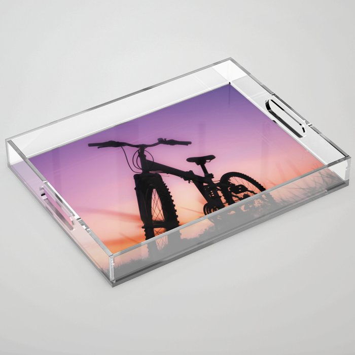 Mountain Bike Silhouette During Sunset Acrylic Tray