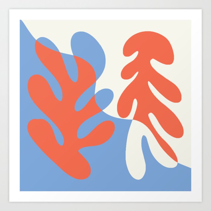 Abstract Matisse Organic Leaves Shapes \\ Orange & Denim Blue Art Print