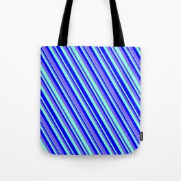 [ Thumbnail: Blue, Medium Slate Blue & Aquamarine Colored Pattern of Stripes Tote Bag ]
